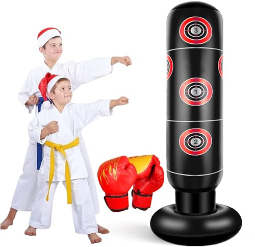 EQARD Sac de Frappe pour Enfants avec Gants De Boxe 160cm Sac De Boxe Gonflable pour Enfant Cadeaux pour GarçOns Et Filles de 3 à 12 Ans pour Pratiquer Karaté Taekwondo MMA (Noir)