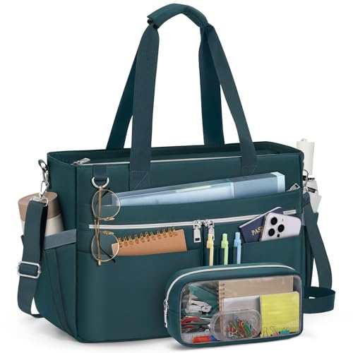 RAINSMORE Laptop Tote Bags for Women 15.6 Inch Teacher Bag Large Utility Nurse Bag Water Resistant Briefcase with Insulated Pockets for Work Office Travel University Dark Green