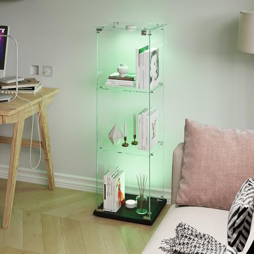 BSMGSGN Vitrina de Vidrio de 3 Capas con luz LED y una Puerta, Vitrina de Vidrio Templado con Cerradura, vitrinas de colección Independiente, estantería para Sala de Estar (Negro, 3 Capas 1 Puerta-A)