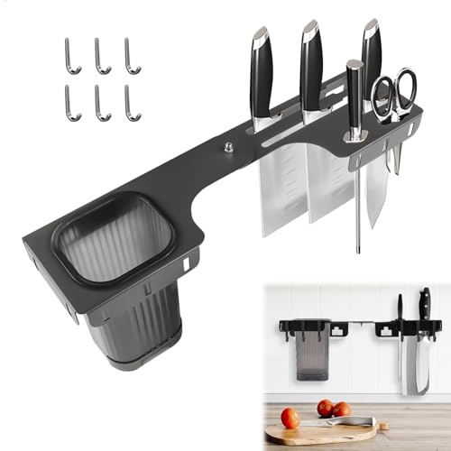 Ceppo Coltelli da Cucina, Portacoltelli da Cucina, Ceppo Coltelli da Cucina Vuoto da Parete, Portacoltelli con Contenitore per Utensili e 6 Ganci, per Riporre Coltelli e Posate, Materiale Metallico