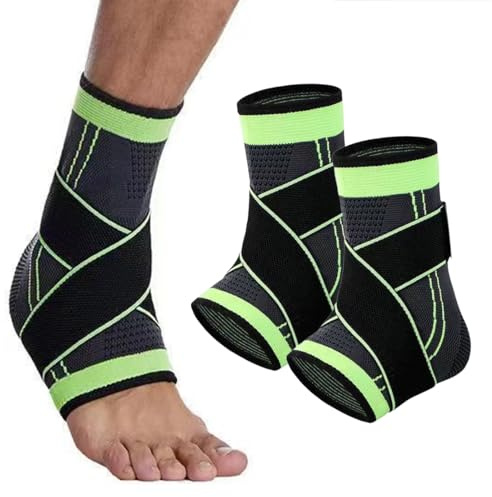 2 tobilleras deportivas ajustables (negro-verde, grande) están diseñadas para estabilizar y prevenir esguinces, brindando soporte y compresión para lesiones de tobillo.