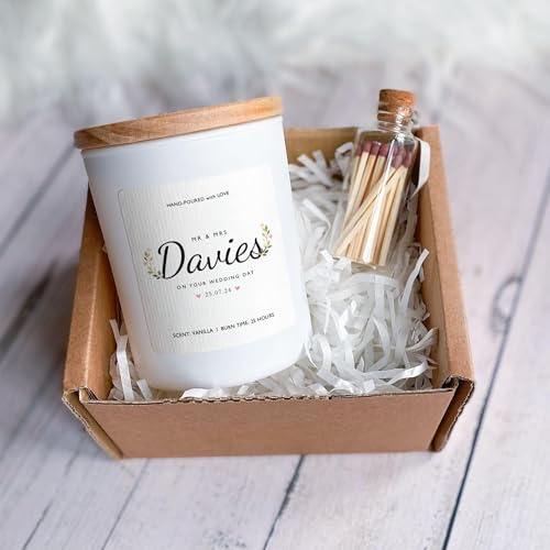 Pomchick - Wedding Candle Gift Set for Newlyweds | Personalised Mr & Mrs Name Keepsake | On Your Wedding Day Couple Gift