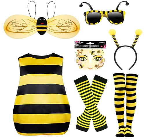 VerLuky Disfraz de Abeja para Adulto, Disfraz de Abeja Mujer, Accesorios de Disfraces abeja con Alas Antena Diadema Pegatinas Gafas de Sol Guantes Calcetines para Carnaval Cosplay Animales Fiesta