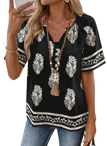 Rapbin Womens Tops V Neck Short Sleeve Cotton Linen Blouse Black Floral L