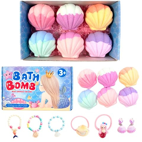 Set de 6 bombas de baño para niños con juguetes sorpresa en su interior, bombas de baño en forma de concha con joyas, bolas de spa burbujeantes naturales para niños y niñas