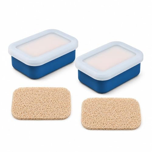 JVHLOV Lot de 2 Boîtes à Savon de Voyage Étanches en Silicone, Bleu | Porte-savon portable avec couvercle et couche d’égouttage, résistant aux chocs pour camping, salle de sport et salle de bain