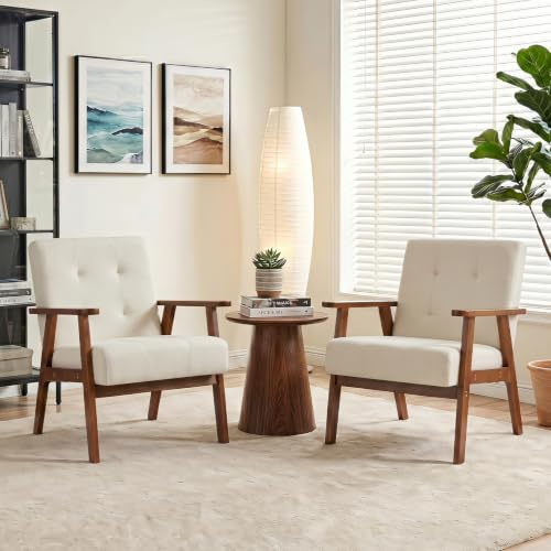 Ckaff Lot de 2 Fauteuil Salon avec Accoudoirs, Chaise Coiffeuse en Lin avec Coussin Épais, Fauteuil Coiffeuse avec Pieds en Bois Massif, Fauteuil Rembourré pour Salon, Chambre, Bureau, Beige