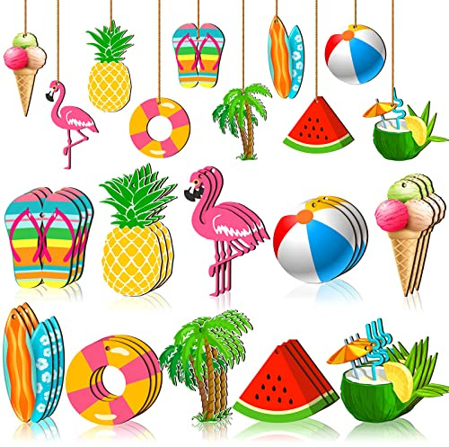 Chunful 30 Pieces Summer Tree Ornaments Christmas in July Wood Hanging Decoration Beach Wooden Slices Winter Tree Ornaments with String for Luau Hawaiian Party Supplies (Cute Style)