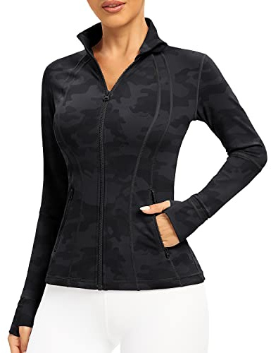 QUEENIEKE Veste de course à pied ajustée pour femme – Haut de sport à manches longues avec aération en maille dans le dos et trous pour les pouces, Camouflage noir et gris, S
