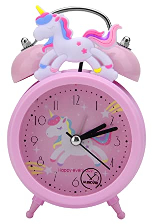 UOCAI Sveglia per bambini con unicorno, per ragazze, non ticchettio, sveglia per bambini, comodino silenzioso, classico con doppia campana con retroilluminazione (rosa)
