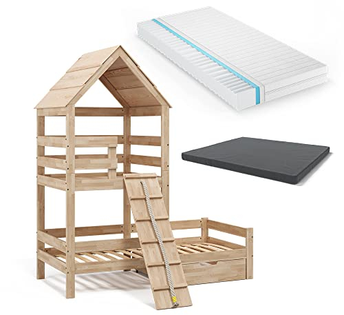 VitaliSpa Hausbett Teddy, Naturholz, 90x200 cm mit 2 Matratzen und Schublade