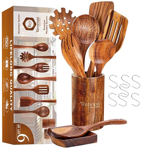 Wooden Spoons for Cooking Utensils, Natural Teak Wooden Cooking Spoons with Nonstick Spatula Set, Bamboo Kitchen Utensils With Holder, Wood Spoon Set for Kitchen Essentials (9)