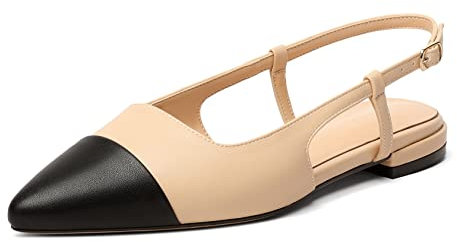 Mettesally Women Ballet Flats Shoes Cap Toe Low Heel Pumps Comfortable Slip on Shoes Casual Dress Shoes Slip on Flats Shoes Beige+Black UK6