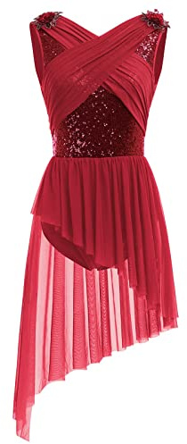 AFAVOM Women's Lyrical Dance Costume Sleeveless V-Neck Sequin Flower Lyrical Dance Dress Asymmetric Flowy Mesh Tulle Skirt Contemporary Dance Costumes Ballet Leotard Dancewear Wine Red M