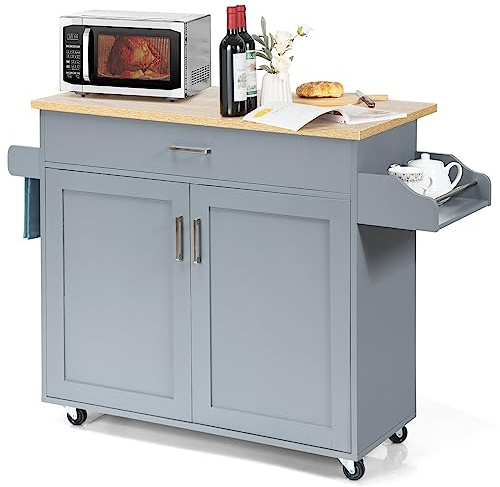 KOMFOTTEU Carrello da Cucina Ausiliario, Carrello di Servizio con Cassetto e Ripiano Regolabile, Isola da Cucina da Sala da Pranzo con Ruote Universali con Freni, in Legno, 116 x 40 x 85 cm, Grigio