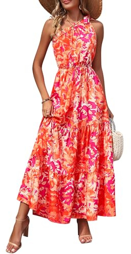 PRETTYGARDEN Women's Summer Floral Maxi Dress Knot One Shoulder Sleeveless Ruffle Flowy Boho Beach Wedding Guest Dresses (Orange Rose Red Big Floral,Small)