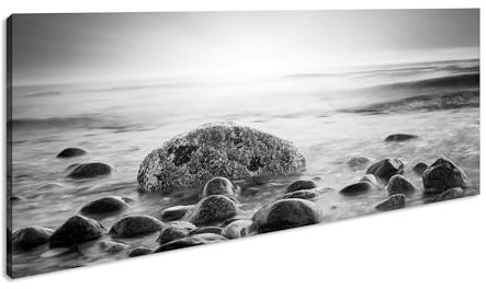 Bella spiaggia rocciosa panoramica, 120 x 60 cm, effetto: bianco e nero, stampa digitale di alta qualità con cornice