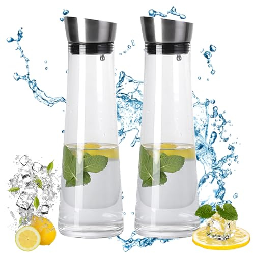 LDHHYH 2 caraffa in vetro con coperchio, 1 litro, con coperchio in acciaio inox e beccuccio, caraffa in vetro con coperchio, caraffa per acqua, caraffa con coperchio, 1 litro per tè freddo, freddo