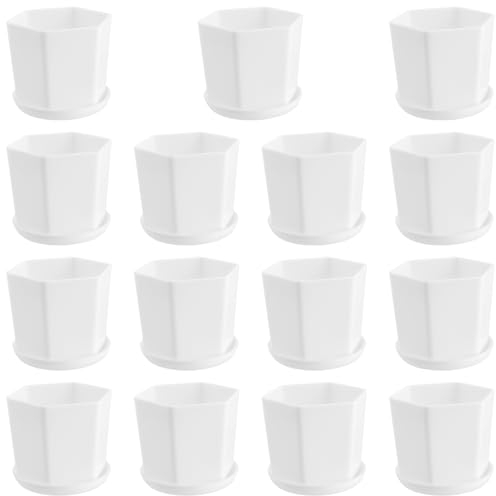SEUNMUK 15 Pack 9cm Small Plastic Flower Pots, Indoor Garden Flower Container with Drainage Holes and Tray, Hexagonal White flowerpot Plant Pots for Succulent Cactus Herb Home Office Balcony Decor