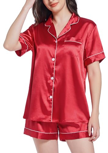 Gemschest Ensemble de pyjama en satin de soie pour femme : pantalon de pyjama à manches courtes 2 pièces doux boutonné vêtements de nuit pour femme