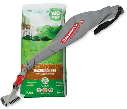 Plantura Bio-Rasendünger Frühjahr/Sommer, 100% organischer Langzeitdünger, 3 Monate Wirkung, gesunder Rasen verdrängt Moos & Unkraut, 10,5 kg für 250 m² + Birchmeier Granomax 5 Streugerät