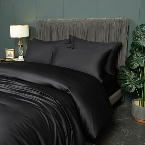 DXHOME Sängkläder bambu 155 x 220 cm svart enfärgad 100 % naturlig bambu sommarsängkläder andas kallt påslakanset dubbelsäng påslakan med dragkedja och 2 örngott 80 x 80 cm