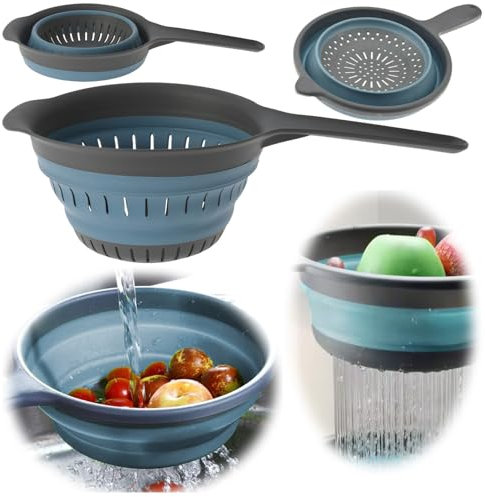 LS-LebenStil Flexibles Nudelsieb 36x19cm Camping faltbar mit Griff Sieb Abtropfsieb Küchensieb Seiher Camping TRT Kunststoff Silikon Obst Gemüse Pasta Nudeln