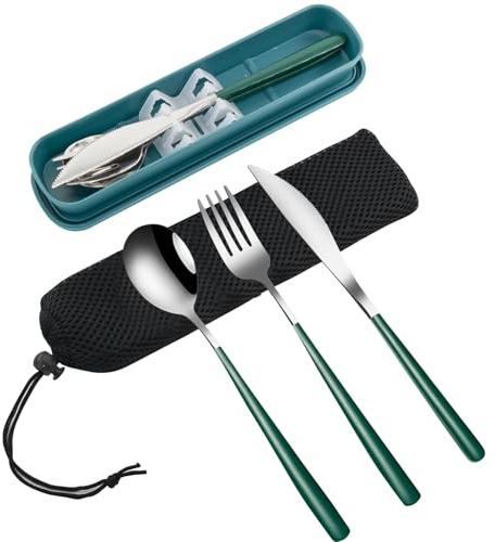 VANRA 3 stycken bärbara resebestick-set med resväska 18/8 rostfritt stål bestickset återanvändbara bestickset med gaffel sked kniv för lunch resor camping skola arbete picknick (djupgrön)