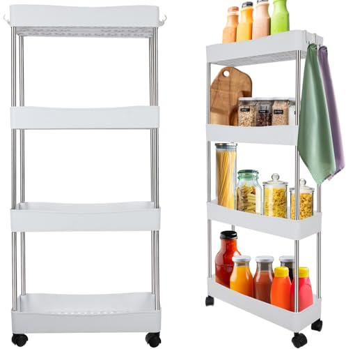 MT MALATEC Rollwagen Küche Ruhhy Bad Modular 4 Ebenen Haken Stehend Schmal mit Rollen Aufbewahrungswagen Weiß 24291