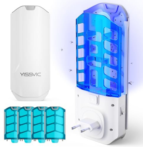 YISSVIC Pièges à Mouches des Fruits pour Intérieur avec Lampe UV - Lot de 1 Piège et 5 Adhésifs pour Intérieur et Cuisine près des Plantes et des Fruits