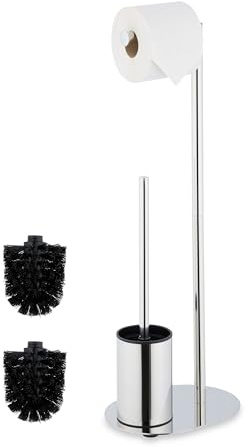Relaxdays Escobillero y Portarrollos para Baño, Acero Inoxidable, 63x23x17 cm, Escobilla con Soporte Vertical, Plateado, Plástico, Gomaespuma