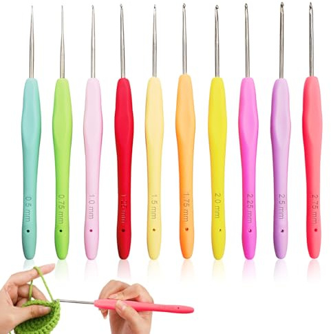 10 Pièces Aiguilles à Crochet Set, 10 Tailles Kits de Crochet 0.5-2.7mm, Ergonomique pour Crocheter, Ensemble de Crochets avec Poignées Ergonomiques Cadeau pour Femme