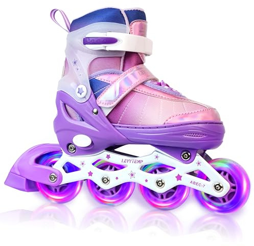 LEVYTEMP Kids Adjustable Inline Skates for Girls Size M Ages 5-12 Blades Skate with Outdoor All Light Up Wheels for Beginner Women