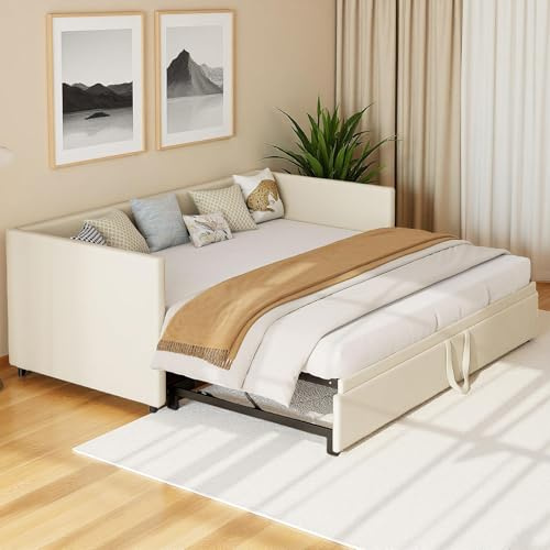 Bäddsoffa 90/180 x 200 cm med ribbotten, stoppsäng med utdragbar säng, mångsidig bäddsoffa, 2-sitsig med ryggstöd, AUD-sovfunktion, dagsäng, sammet, beige, utan madrass (beige)