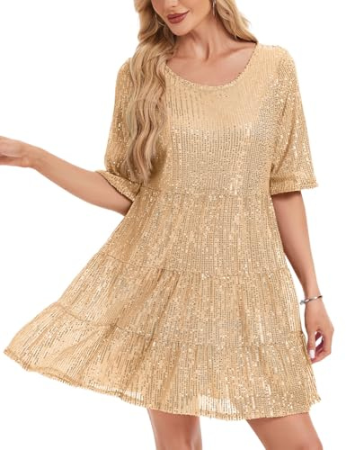 Sequin Glitter Dress Women Casual Party Short Sleeve Sparkly Midi Dresses | Sequin Glitter Dress Full Body Sparking Midi Dresses Women UK Casual Party Short Sleeve Flowy Tiered Tunic Night Out Wear