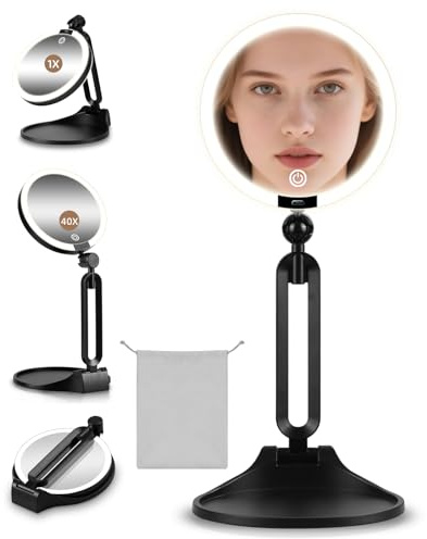 Specchio ingranditore per il trucco illuminato 40X/1X, specchio ingranditore per il trucco bifacciale 1X/40X con 3 luci colorate, specchio ingrandito da tavolo ricaricabile 40X, rotazione a 360°
