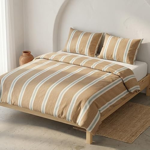 GAMUSI Juego Funda nórdica Cama 90 100% algodón - Funda Almohada 45x110 cm, Estampado líneas Taupe