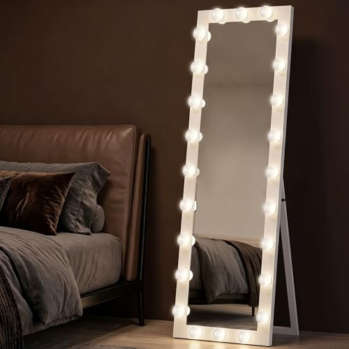 HOMCOM Ganzkörperspiegel mit Beleuchtung 150 x 40 cm LED Standspiegel 3 Lichtfarbe dimmbar mit Touch-Schalter, Memory-Funktion anlehnbar Spiegel für Schlafzimmer Weiß