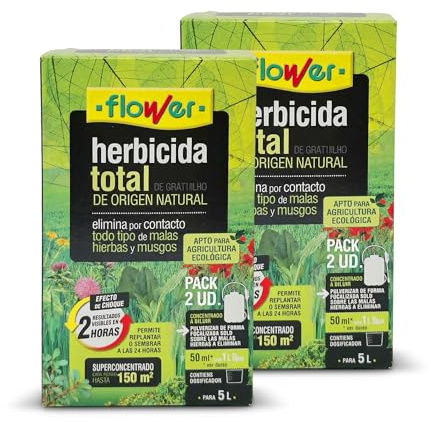 FLOWER x2 Herbicida Total Ecológico de Origen Natural para 300 m² | Elimina Malas Hierbas y Musgo de Acción Rápida | Alternativa Glifosato Súper Concentrado 500 ml para 10L | Resultados en 2H (2 UDS)