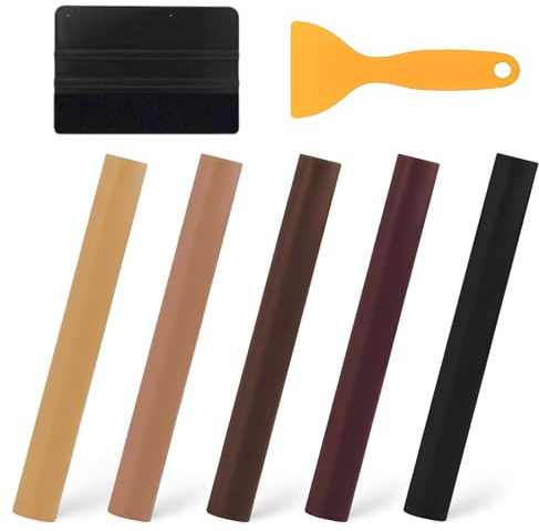 7 Pezzi Set di Riparazione per Laminato e Legno, 5 Pastelli e Bastoncini di Cera Marroni, con 2 Strumenti (Spatola e Raschietto), per Riempire e Riparare Graffi e Fori su Mobili e Pavimenti