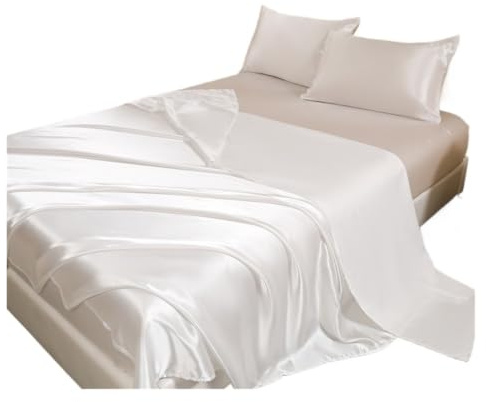Satinbäddset Satinlakan, Queen size-sängset, silkeslen säng 4 delar, 1 lakan med djup ficka + platt + 2 örngott (vit, dubbel)