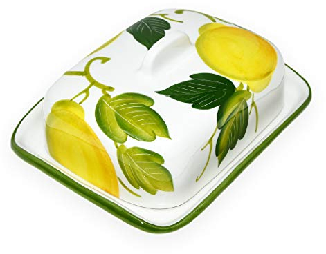 Lashuma Handgemachte Butterdose aus Italienischer Keramik im Zitronendesign, Butterschale Größe 18x14 cm