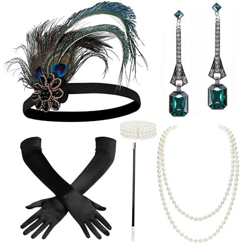 BABEYOND Accessoire Gastby des Années 1920 Costume Flapper Accessoire pour Femme y Compris Bandeau Collier Gants et Porte-Cigarette