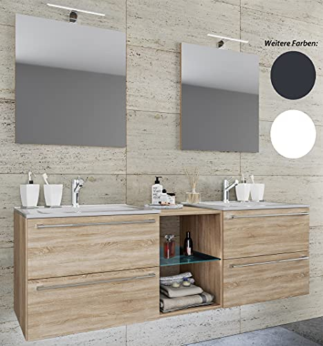 VCM 3-tlg. Set | 2 Waschtisch, 2 Spiegelschrank, 2 Waschbecken, 1 Mittelfach | Keramik Waschbecken | Unterschrank 195 cm | Badmöbel Set Doppel Waschplatz - Badinos XXL black