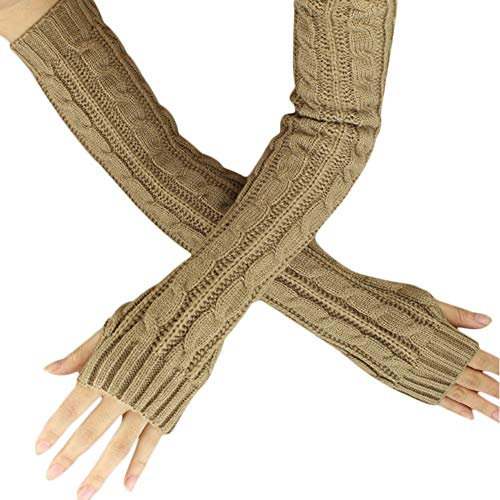 Femme Gants D'Hiver,Touchscreen-Handschuhe Braun Gestrickt Lange Arm Twist Halbfingerhandschuhe Damen Soft Windproof Elegant Thermal Texting Fäustlinge Vollfinger Outdoor-Handschuhe Für Den Herbst