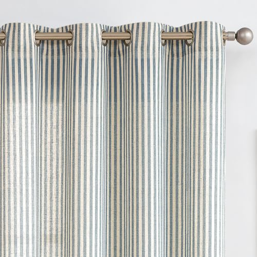 Vangao Linen Striped Curtains for Living Room Bedroom Farmhouse Tickingstripe Light Filtering Window Curtains Printed Drapes Grommet Top 2 Panels Blue W50 x L96 Inch