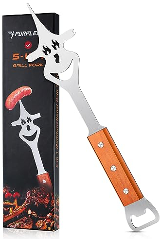 PURPLEBIRD 5-in-1 Fleischgabel für Barbecue, Grillgabel mit Holzgriff, Multifunktionales Grill Zubehör, 33cm Fleischgabel Edelstahl, Kommt mit Grillbesteck-Set Funktion, Grill Geschenke für Männer