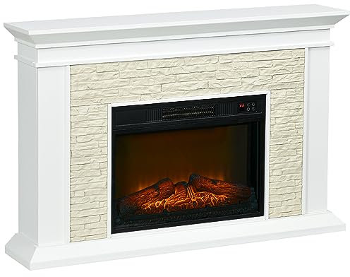 HOMCOM Chimenea Eléctrica con Calefacción 1800W Chimenea Decorativa Bajo Consumo Efecto de Llama Control Remoto Temporizador Semanal y Protección Sobrecalentamiento hasta 30 m² 120x24x80 cm Blanco