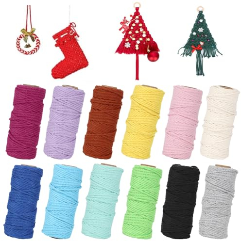 RANJIMA Makramee Garn Set, 12 Stück Makramee Baumwollgarn 2mm x 30M, Baumwollkordel Baumwollseil Baumwollschnur Macrame Garn Weihnachten für DIY Handwerk Basteln Stricken Boho Deko Wandbehang Balkon