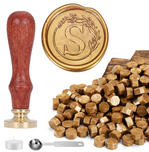 Yoption Letter Wax Seal Kit, Vintage Initial Alphabet S with Wreath Sealing Stamp and 120 Antique Gold Wax Seal Beads